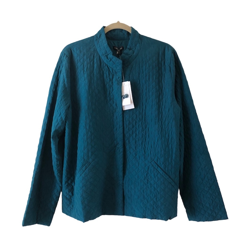 Eileen Fisher silk quilted jacket L teal snap button